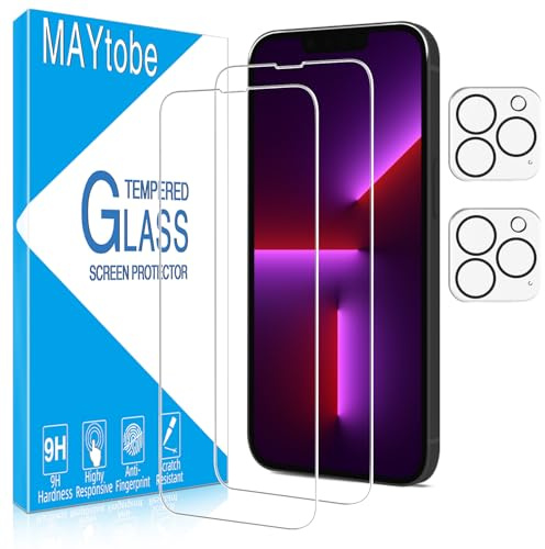 MAYtobe 2 Pack Screen Protector for iPhone 13 Pro Tempered Glass with 2 Pack Camera Lens Protector, 9H Hardness, Case Friendly, Bubble Free, Anti Scratch, Easy To Install