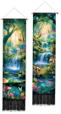PLIGREAT 2 paquet de Tapisserie Murale Cascade de la Jungle Tenture Murale Fantaisie avec Champignons Arc en Ciel et Pompons Tapisserie Murale pour Chambre à Coucher Salon Décoration
