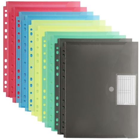 FRETONBA Dokumententasche A4 10 Stück, 5 Farben Dokumentenmappe | mit 11 Löchern, Wasserdichte Dokumententasche mit Lochrand Klettverschluss und Etikettentaschen, Durchsichtige Mappe