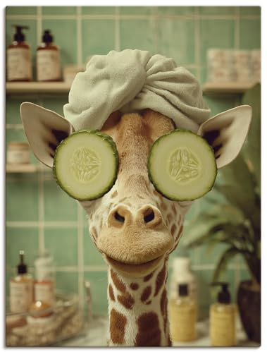 ARTLAND Badezimmer Bilder Leinwand Wandbild 30x40 cm Deko Modern lustige Tiere Giraffe Gesichtsmaske Spa Entspannung U6AU