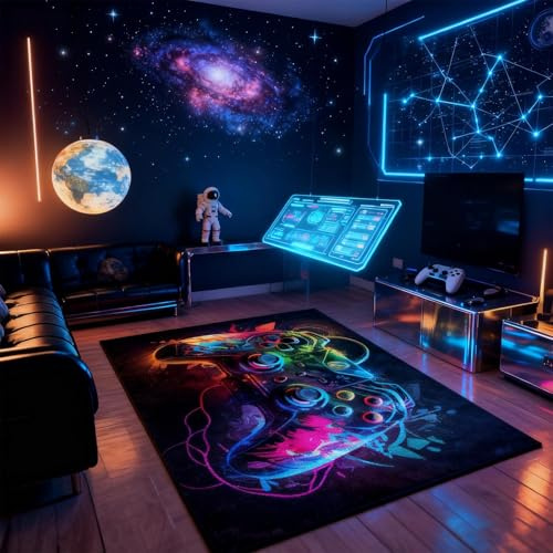 Brewlix Gaming Rug, 60 x 90 Cm Plush Game Controller Pattern Bedroom Carpet, Stylish Boys Bedroom Accessories, Cozy Non Slip Play Mat for Gaming Corners, Home Playrooms & Study Floors