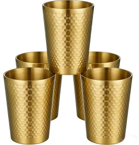 Unzerbrechliche Goldweingläser Set mit 5 - 340 ml Edelstahl-Weinkelchen, bruchsichere Metall-Weinbecher für Outdoor/Rotwein