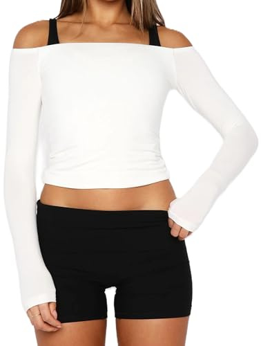 Womens Off The Shoulder Tops Casual Solid Color Slim Fit Long Sleeve Basic Workout T-Shirt Y2K Going Out Crop Top Gym Yoga Shirts