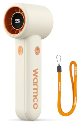 Warmco Handheld Fan 5000mAh, 15000 RPM High Speed Portable Mini Fan, 5 Speeds, LED Display, USB-C Rechargeable Personal Cooling Fan with Base for Travel, Makeup, Office - White