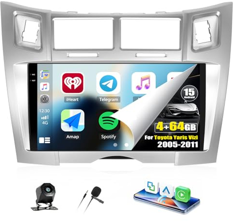 CAMECHO 4+64G 9 Zoll Android 15 Radio für Toyota Yaris Vizi 2005-2011, Navi Autoradio mit GPS WiFi Wireless Carplay Android Auto RDS FM Mirror Link mit Rückfahrkamera, HD Incell Touchscreen