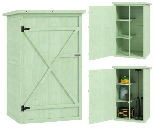 Outsunny Gartenschrank Holz, Geräteschuppen wetterfest 75x56x115cm, Gerätehaus mit Tür, Böden, Geräteschrank, Gartenhaus Werkzeugschrank Gartenschuppen für Garten, Terrasse, Hinterhof, Rasen, Grün