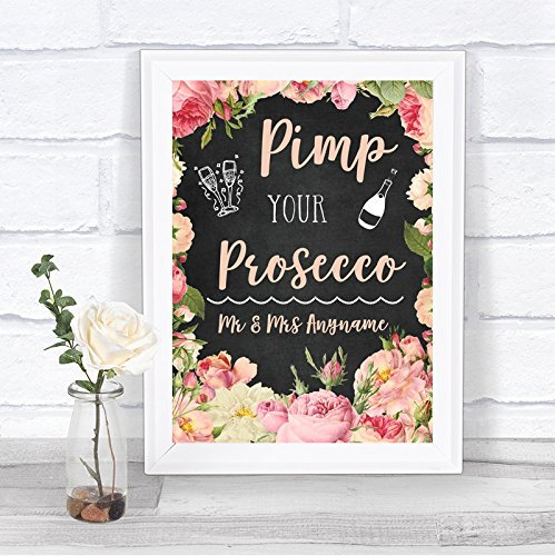 Chalkboard Style Pink Roses Pimp Your Prosecco Personalised Wedding Sign Print