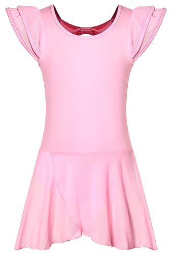DANSHOW Girls’ Ballet Dance Leotards with Flutter Sleeve Petal Skirt and Bowknot Back, Pink, 10-12 Years