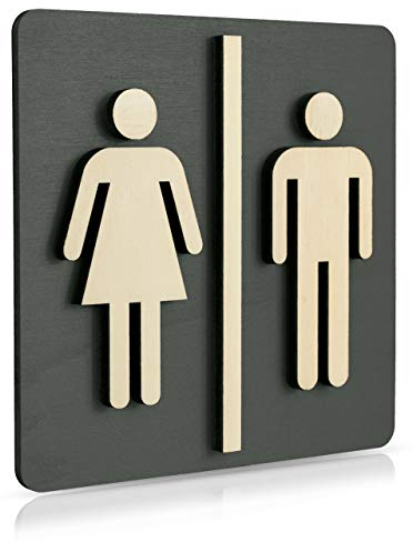 Plaque de WC en bois de noyer foncé - Pour homme et femme - Pictogramme - Anthracite - 14 x 14 cm - Numéro d'article 4002
