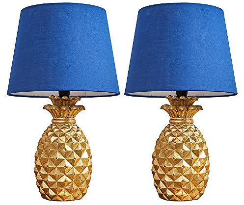 MiniSun | Pair of - Contemporary Pineapple Design Table Lamps in a Gold Effect Finish with Navy Blue Tapered Shades | Table Lamps & Home Improvements Essential