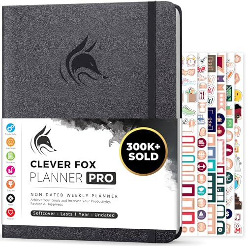 Clever Fox Planner PRO, Undated Weekly Planner, 21.5x28cm Silver Black | Large monthly & weekly life planner, undated layout, habit tracker, goal setting, to-do list, 120gsm paper, lay-flat binding