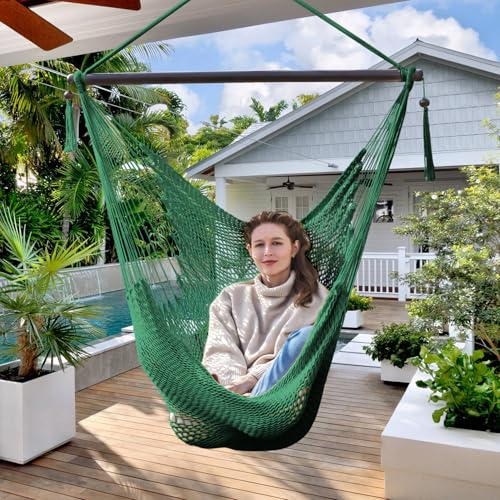 Bathonly Großer Karibischer Hängesessel Mit Spreizstange, bis 150 kg Belastbar, Handgewebt Hängeschaukel, Hängestuhl, für Draußen, Drinnen, Terrasse, Garten, Schlafzimmer, Grün