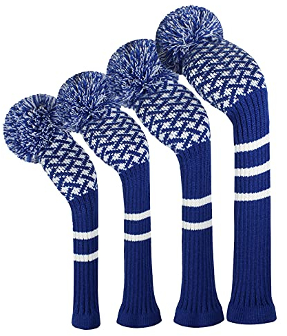 Scott Edward Knit Golf Wood HeadCovers, Set of 4, Fit Driver (460CC) Fairways hybrid/UT, Soft and Thick, Eyes-catching, Blue White Reticulated