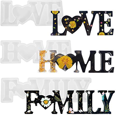 Opopark 3 Pieces Resin Casting Moulds, Love/Home/Family Word Alphabet Epoxy Resin Moulds 3D Silicone Letter Moulds for DIY Craft Table and Home Decoration