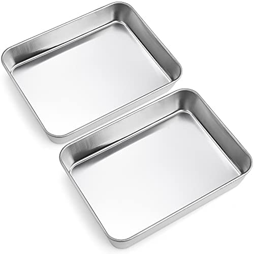 Joyfair Small Baking Tray Set of 2, Stainless Steel Baking Sheet Pans, Deep Cake Tins/Rectangle bakeware for Cake Brownie Lasagna Casserole, 23x17x5cm, Heavy Duty, Matte Finish& Dishwasher Safe