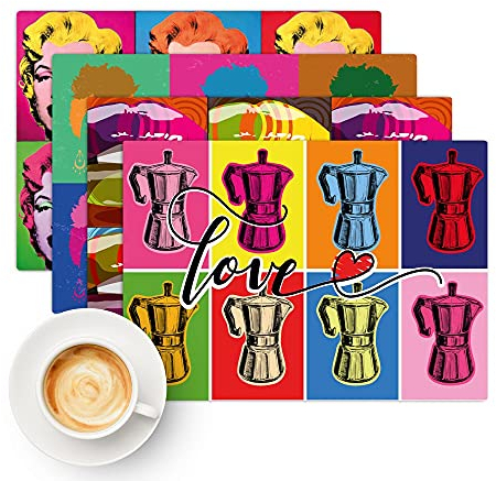 kina - TV0026 Lot de 4 Sets de Table Américain Lavable Anti-Rayures Effet Lin Réutilisable - Ne Passe Pas au Lave-Vaisselle - Design Pop Art Mesure 45x32 cm