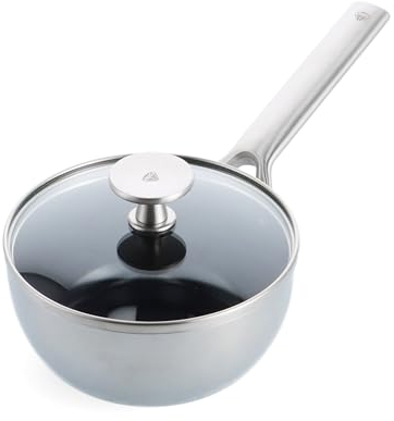 Blue Diamond Triple Steel Edelstahl Diamantverstärkte Keramik Antihaft, 16 cm/1,2L Stielkasserolle mit Deckel, Tri-Ply, PFAS-frei,Mehrschichtig,Induktion,Spülmaschinenfest,Backofenfest,Silber