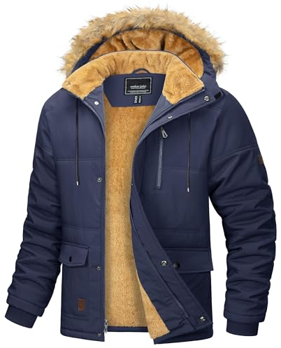 MAGCOMSEN Herren Fleece Parka Gefüttert Outdoor Winterjacke Winddicht Freizeitjacke Warme Daunenjacke Männer Fahrrad Arbeitsjacke Dick Wandern Mantel mit Abnehmbar Kapuze Dunkelblau L