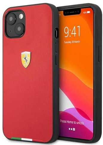 Ferrari CG Mobile Custodia rigida in poliuretano con logo della bandiera italiana in metallo, per iPhone 13 Mini (5.4), rosso