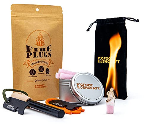 Bigfoot Bushcraft Komplettes Notfall-Feuer-Starter-Set, wasserdicht, winddicht, 5+ Minuten Brenndauer, inklusive 80 Feuerkerzen, kompakter Reisedose und extra dickem Ferro-Stangen-Set