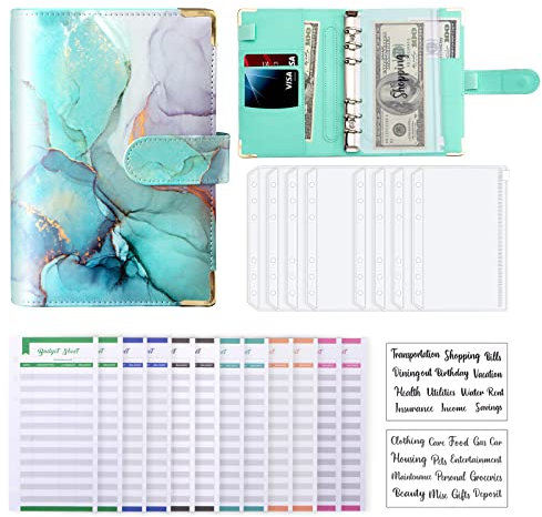 Budget Binder, A6 Marmor PU Leder Binder, Geld Organizer Budget Planer mit 8 Reißverschluss Cash Umschläge, 12 Ausgaben Budget Blätter für 2 Brief Label Aufkleber (grün)