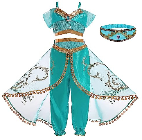 Monissy Kostüme für Kinder Prinzessin Jasmin Kleid Mädchen Aladdin Set mit Perücke Stirnband Weihnachten Karneval 2-8 Jahre Verkleidung Geburtstag Fasching Halloween Pailletten,Grün 1,100