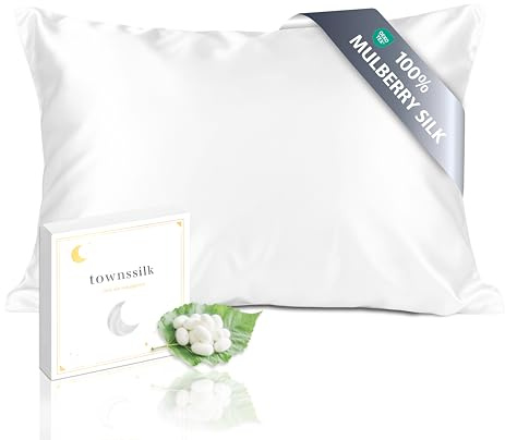 townssilk Kissenbezug, beidseitig aus 100 % reiner 19-Momme-Maulbeerseide, 50 x 60 cm, für Haut und Haar, mit verstecktem Reißverschluss, Fadenzahl 600, Weiß