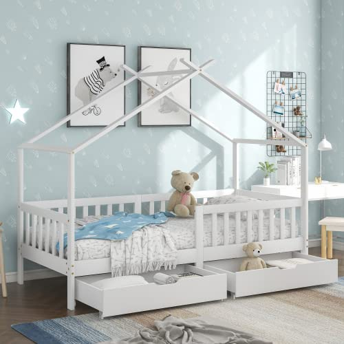 KEEPREAPER Hausbett Kinderbett 90x200 cm mit 2 Schubladen, Jugendbett mit Rausfallschutz, Lattenrost und Zaun für Jungen & Mädchen, Weiß ohne Matraze
