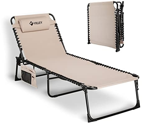 VILLEY Oversized Chaise Lounge Chair, Heavy-Duty Folding Outdoor Lounge Chair with 5 Adjustable Positions, Portable Trifold Beach Lounger for Patio, Beach, Lawn, Backyard, Camping – Beige