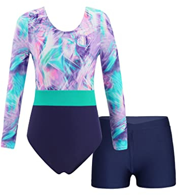 FEESHOW Kinder Gymnastikanzug Mit Hose Bedruckte Langarm Mädchen Gymnastikbody Gymnastik Shorts 2er Set Kinder Ballett Tanz Outfit B_Bunt&Navy 122-128/7-8 Jahre