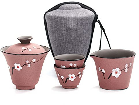 UCCE Portable Travel Tea Set with Travel Bag Kung Fu Tea Service for Adults Cherry Blossom Teapot Tea Cups (pink)