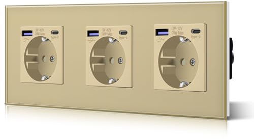 BSEED Enchufe Pared con 20W USB y Tipo C,Enchufe USB C de Cristal,Carga Rápida,3 en 1,Fácil Instalación,3 Enchufes,228mm Oro
