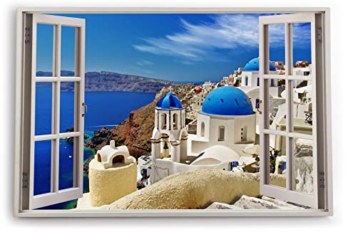 Paul Sinus Bilder Fensterblick 120x80cm Santorini Mittelmeer Meer Blau weiße Häuser Griechenland Kunstdruck Wanddeko Wand Wohnzimmer