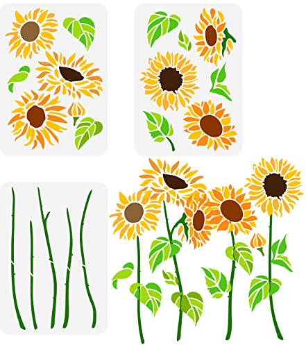 FINGERINSPIRE 3 Stück Sonnenblumen Schablonen 21x29 cm Ausgehöhlte Malschablonen Blumenscheiben Schablonen Blumenstiel Schablonen Blätter Sonnenblumen Schablonen Zum Malen von DIY Handwerksprojekten