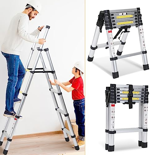 Herrselsam 1.7M+2M Teleskopleiter Klappleiter, Aluminium Ausziehbar Leiter A-Rahmen 5+6 Sprossen, Tragbare Ausziehleiter Rutschfesten Mehrzweckleiter, 150kg Tragkraft