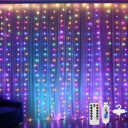 DazSpirit 3Mx3M 300 LED Lichtvorhang, USB Vorhang Lichterkette Dekorativ mit 8 Lichtmodi Fernbedienung und Timersteuerung, Wasserdicht für Hochzeit Weihnachten Schlafzimmer (Bunt)