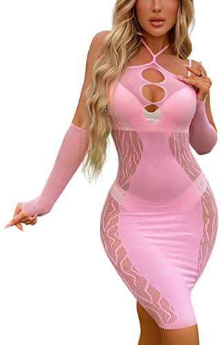 Sniff Rose Damen Mesh Cut-Out Bodycon Kleid mit 1 Paar Handschuhen Dessous Set 2er Pack Kostüm Set Clubbekleidung Partykleider Body Kleid (Rosa)