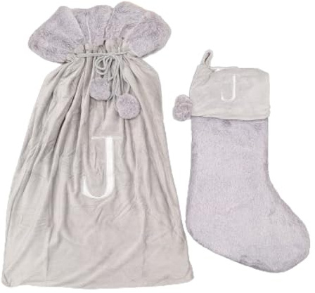 Celebright Matching Christmas Sack and Stocking Set with Embroidered Letter 'J ' - Festive Holiday Décor for a Memorable Celebration - Faux Fur - Grey