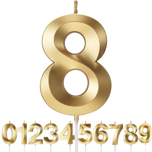 Birthday Candles Number Candles Age Year for Cakes Happy Birthday 3D Designed Wedding Anniversary Party Cake Topper Decorations (Gold, 8)