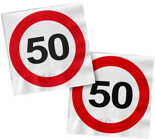 Folat 28375 Servietten 50 Geburtstag Rot Weiß Verkehrsschild - 33 x 33 cm - 20 Stück - Geburtstagsservietten, Papierservietten, Tischdekoration