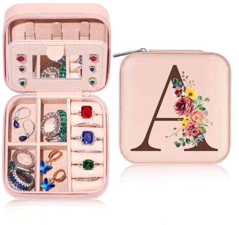 TINGN Initiale Schmuckkästchen mit Namen A und Blume Personalisierte Kleine Schmuckkästchen Reise Schmuckkästchen mit Spiegel für Damen Mädchen Geschenk für Geburtstage, Weihnachten, Muttertag