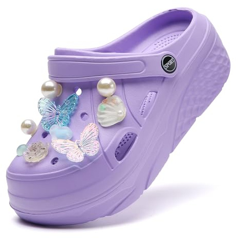SECHRITE Zuecos de Plataforma para Mujer, Zapatos de jardín, Impermeables, para Playa, Piscina, Sandalias de Verano, Pantuflas para el hogar, Serie Butterfly, Perla Morada, 39.5 EU