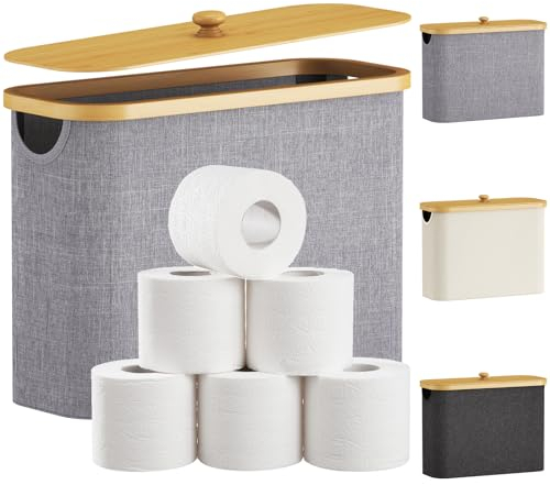 Lifewit 23L Toilet Roll Storage, Bathroom Storage Box Holder Stand with Lid, Bamboo Multifunctional Toilet Paper Basket Cabinet with Handle, Grey