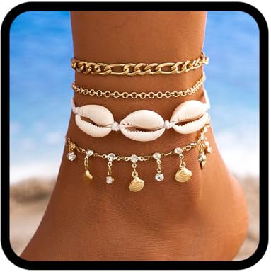 Fashband Bracelet de cheville en coquillage, style bohème, étoile de mer, bracelet de cheville réglable, accessoire de plage pour femme