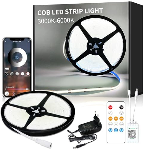 Yeewhale cob Led strip 10m,APP Steuerung,mit Fernbedienung,flexible Dimmbar COB LED band, DC24V 6000k Weiß LED Streifen, anwendbar auf Schlafzimmer, Raum,DIY Dekoration