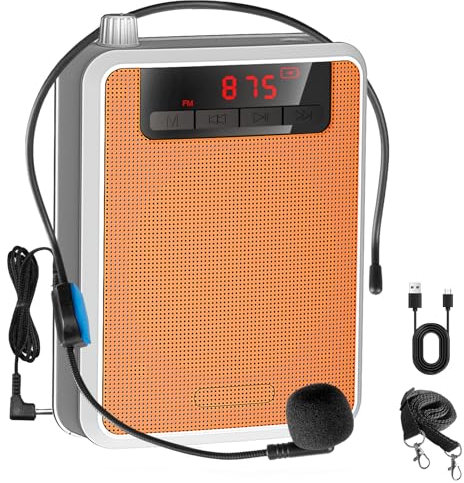 Voice Amplifier,Professional Mini Portable lotmusic Microphone Amplifier Speaker Rechargeable Wired Microphone Headset, Personal for Teacher Classroom Outdoor Meeting Tour Guides (Orange)