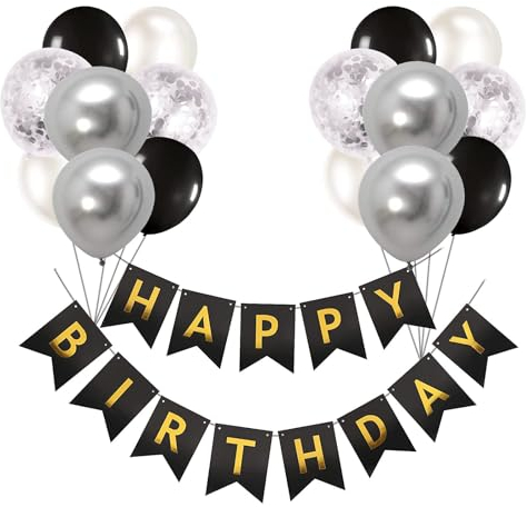 Luftballons Geburtstag Dekoration Set, Schwarz Silber Geburtstagsdeko Happy Birthday deko Banner Party Deko Geburtstag Set mit 16pcs Schwarz Silber Latex Luftballons Konfetti Ballons(BK+ SR)