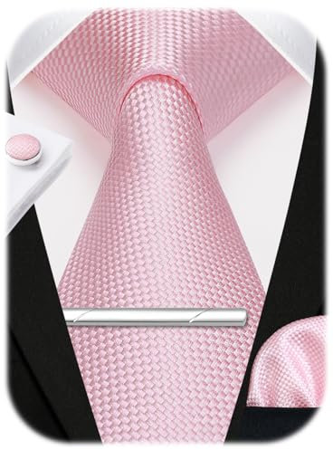 HISDERN Ensemble cravate à carreaux et pince à cravate pour homme avec mouchoir, boutons de manchette, cadeau formel pour fête de mariage, Rose-3
