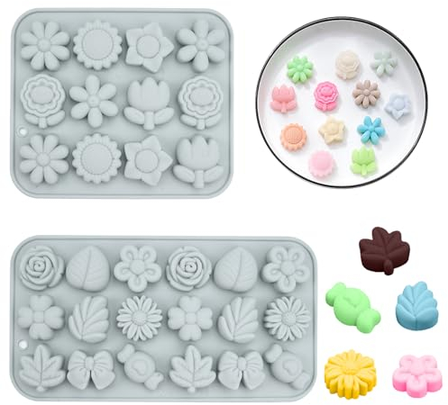 2 Moules à Fondants Fleurs Silicone,Sans BPA Moule Silicone Fleur Bonbon,15.4*12.8 cm/20.6*11cm Moules à Bonbons et Chocolat,Anti-adhésif Moule à Fondant,moule parfumé pour Chocolat,Bonbons,la gelée