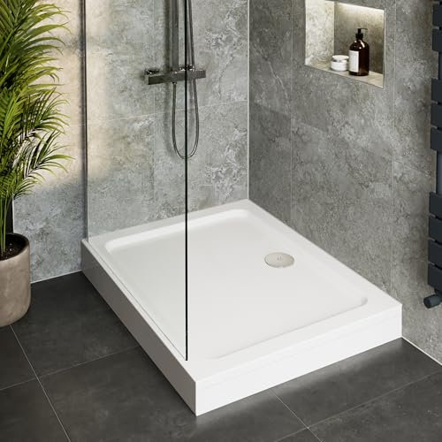 Hydrolux® 900 x 760 x 140mm White Bathroom Shower Tray for Enclosures Cubicles & Wet Room with Waste + Riser Kit, Rectangular